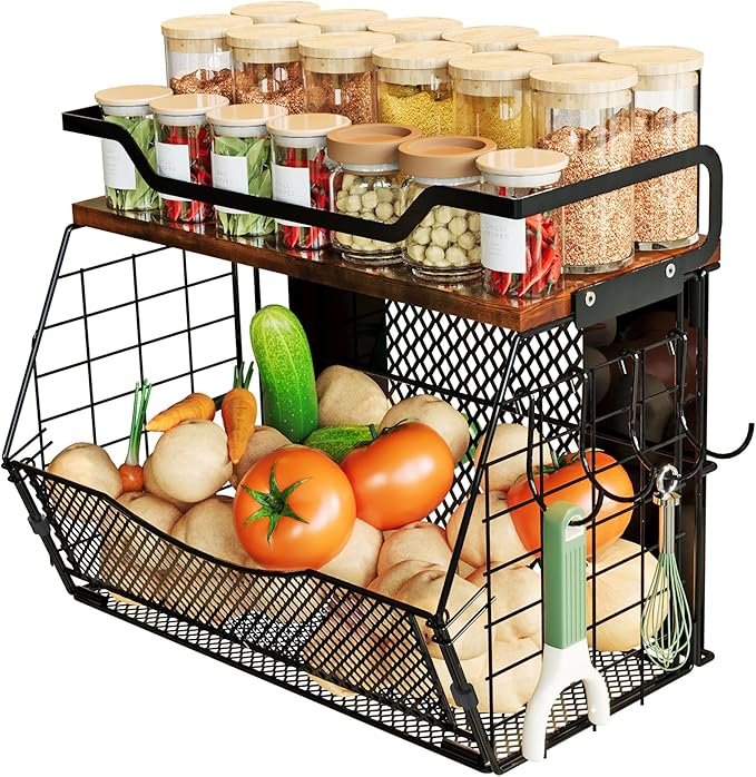 Magnetic Shelf for Fridge with Wood Lid, Magnetic Spice Rack for Refrigerator Large Capacity Sturdy with 4 Hooks,Magnetic Basket for Kitchen Pantry Laundry (1 Set with Buckles)