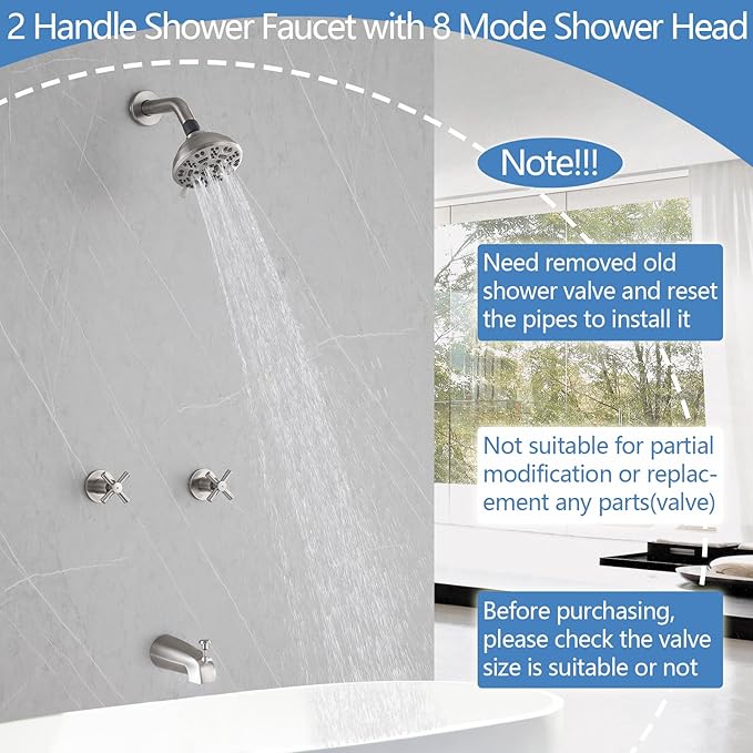 2 Handles Shower Faucet Set with Tub Spout Bathtub Shower Faucet Combo Set Shower System Complete Tub and Shower Trim Kit Wall Mounted Shower Fixtures Brushed Nickel