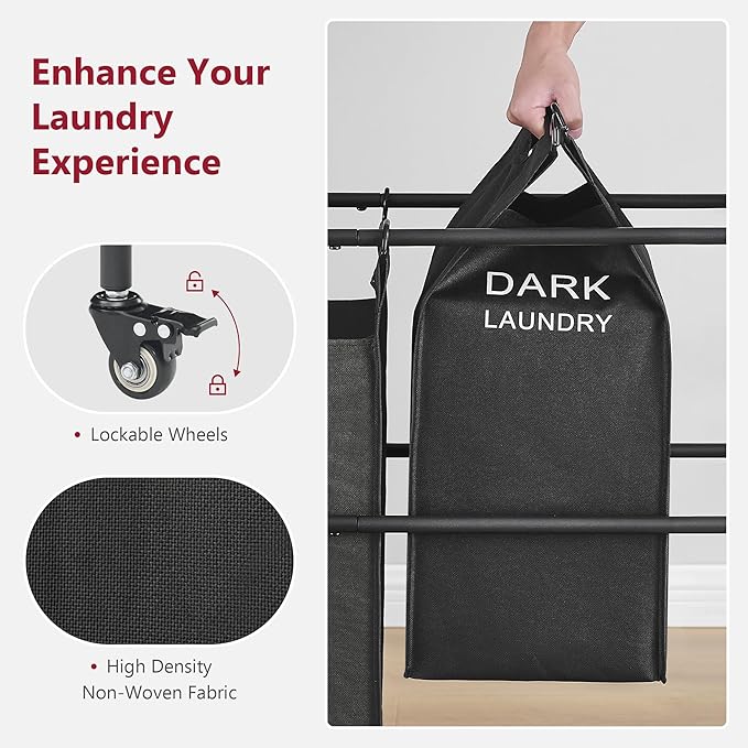 Tajsoon Laundry Sorter Cart with Hanging Rack, Laundry Sorter 3 Section, Laundry Hamper with Heavy Duty Rolling Lockable Wheels, Black