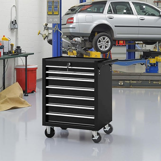 Tool Chest 7 Drawers Garage Storage Cabinet Steel Frame Tool Chest with Wheels, Top Storage Rack, Rubber Mat, Side Handle for Garage Workshop, Black