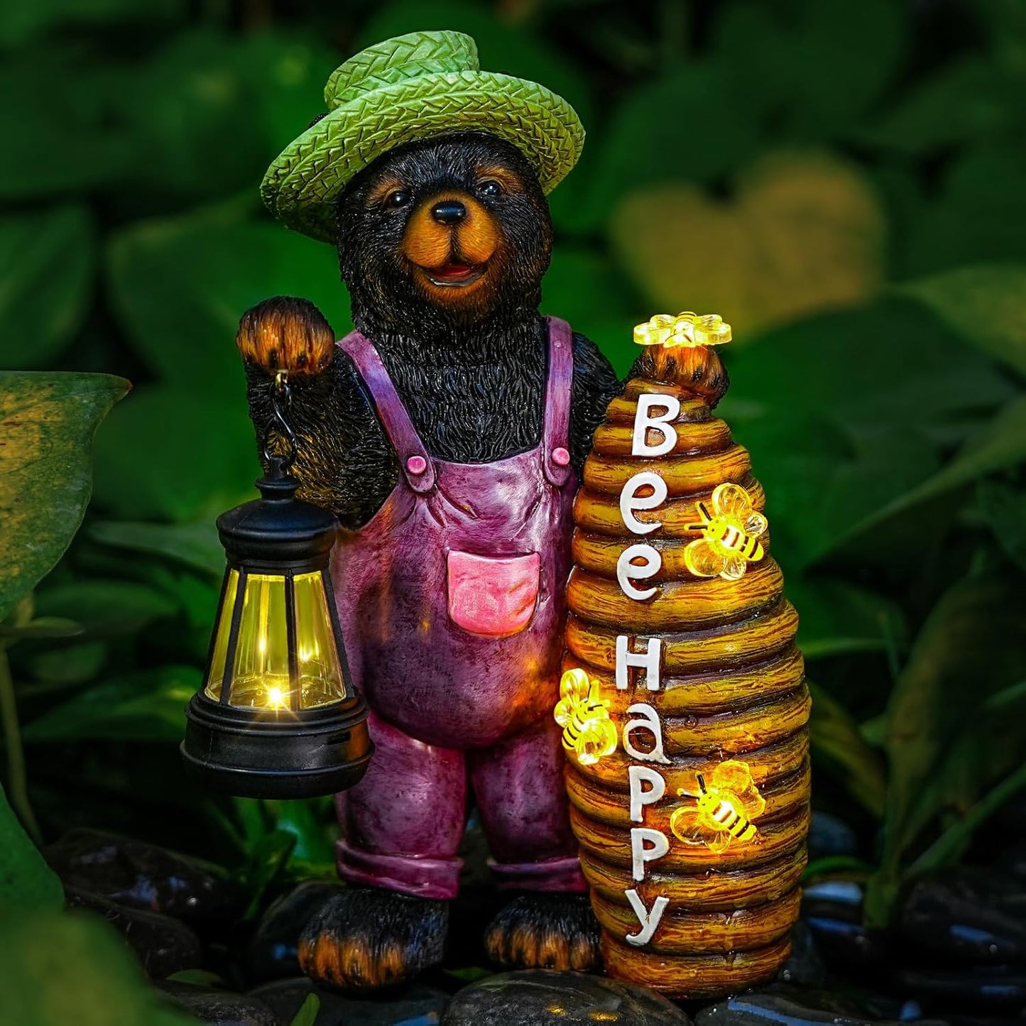 Solar Adorable Bear Garden Statue with Beehive and Lantern - “Bee Happy” Resin Outdoor Decoration for Yard, Patio, or Home Decor