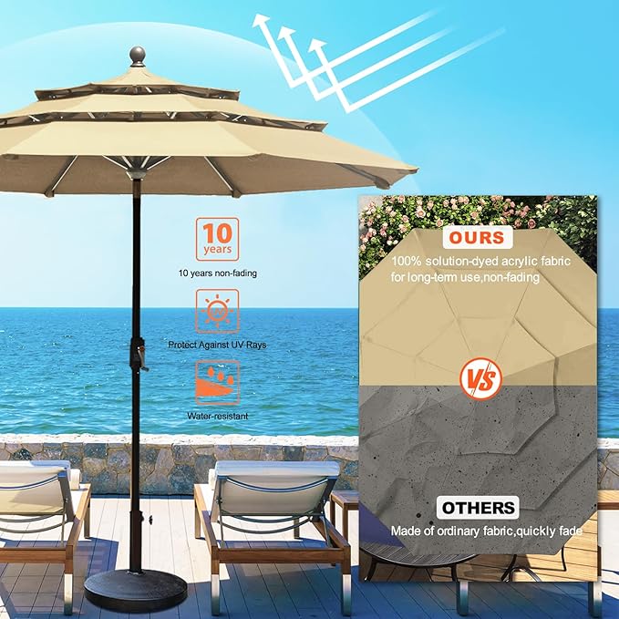 Eurmax USA 10-Year-Non-Fading 10Ft 3 Tiers Market Umbrella Outdoor Patio Umbrella Table Umbrella with 8 Ribs,Hand Crank and Ventilation (Sand)
