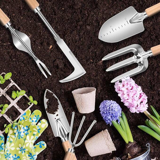 Weed Puller Tool, 6 Piece Stainless Steel Heavy Duty Weeding Tool, Weed Puller, Crack Weeder Tool, Weed Remover Tool with Ergonomic Wooden Handle, Gardening Gifts for Women