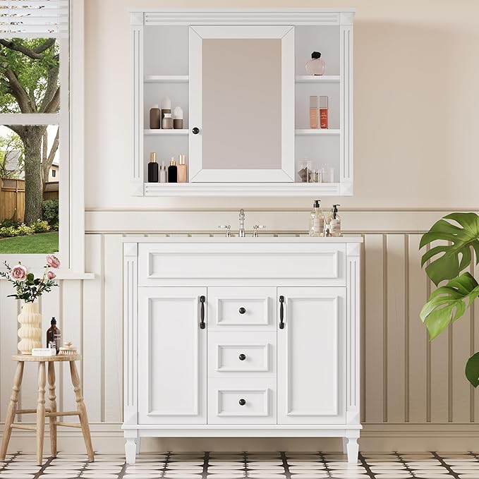 Merax 36” Bathroom Vanity with Sink, Freestanding Single Bathroom Sink Vanity Cabinet Set with 36” Countertop & Integrated Sink, 2 Doors & 2 Drawers (Sink Cabinet Only, White)