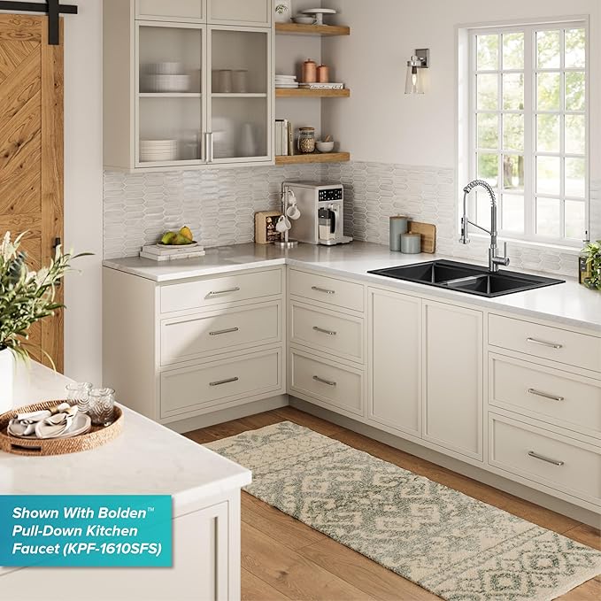 KRAUS Quarza 33-inch Drop-In/Undermount 50/50 Double Bowl Granite Kitchen Sink in Black Onyx, KGD-433B