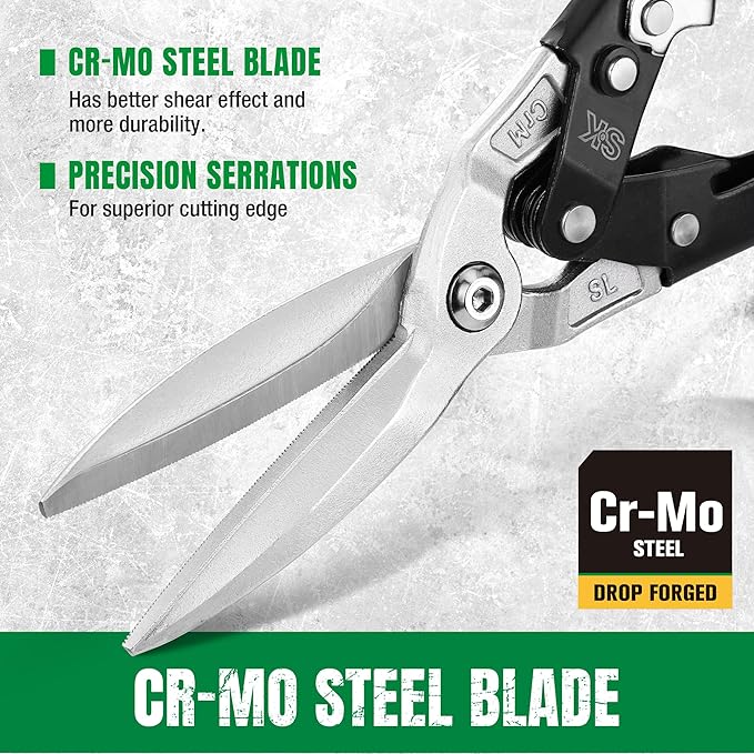 SK 11.5 Inch Aviation Tin Snips, Straight Cut, Cr-Mo Steel Blade, Anti-slip Handle and Safety Latch, for Cutting Sheet Metal