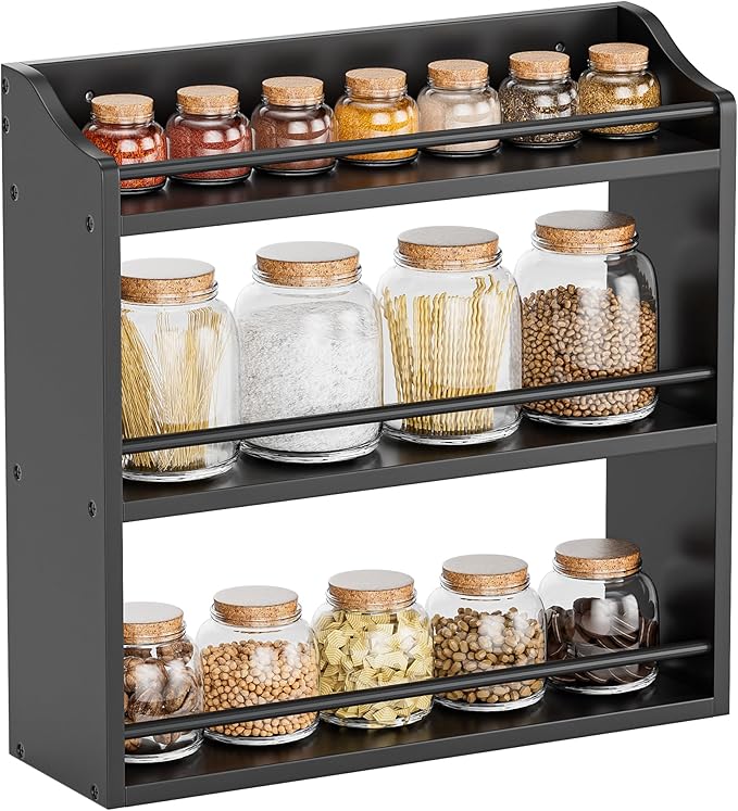 Bamboo Spice Rack Wall Mount or Tabletop Holder, 3-Tier Shelf for Seasoning Bottles Organizer, Medicine Holder (Black)