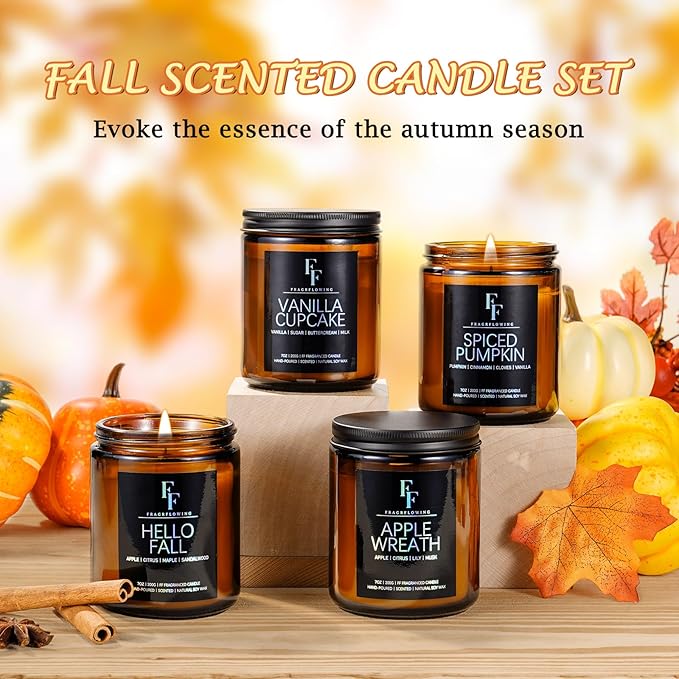Fall Candles Set, 4 Pack Candles for Home Scented Natural Soy Wax, Autumn Gifts Set for Women Men, Fall Fragrance of Spice/Vanilla Cupcake/Apple Wreath/Hello Fall