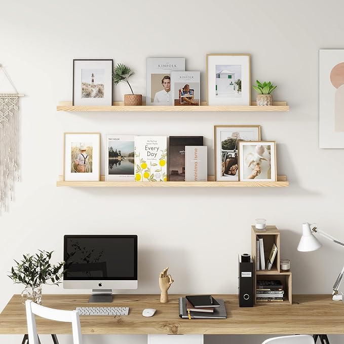 Picture Ledge Shelf for Wall, 16 inch Solid Pine Wood Nursery Book Shelves 2 Packs, Floating Ledge Shelves for Kids' Room Bedroom Bathroom Living Room Photo Frames Office Nursey Wall Decor, Natural