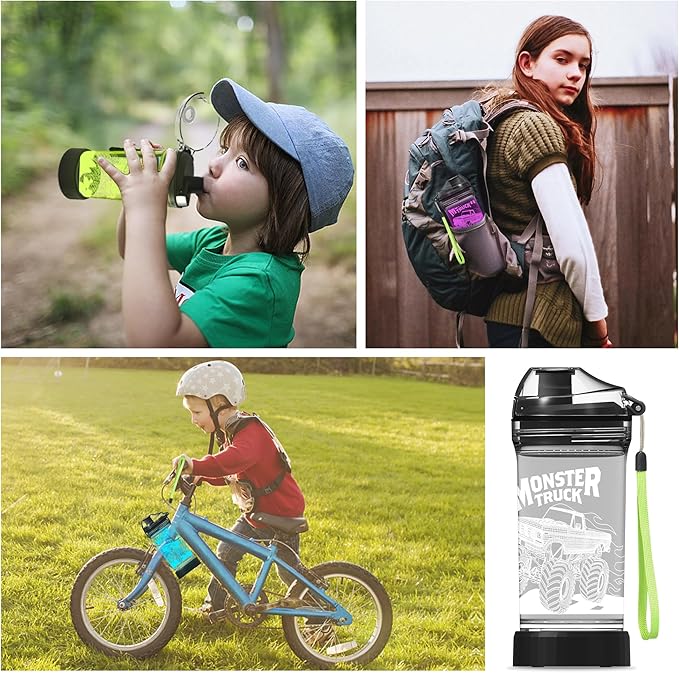 Kids Water Bottle with Monster Truck Design 3D Glowing LED Light-Tritan BPA Free,Perfect for Back-to-School Season, Girls, Boys, Kids, Holiday Camping, Picnic Gifts - 14 oz Travel Mug