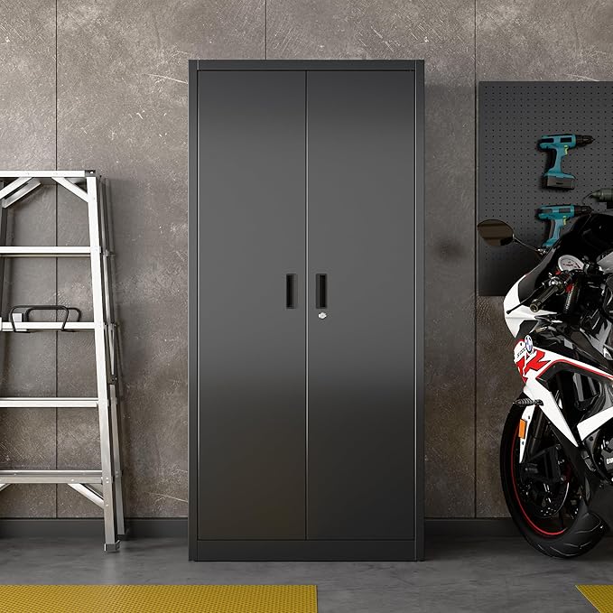 71" H Metal Garage Cabinet with Pegboards and Hooks,Tool Storage Cabinet with 2 Doors and 5 Adjustable Shelves for Office, Home, Garage, Gym, School, Assembly Required,Black