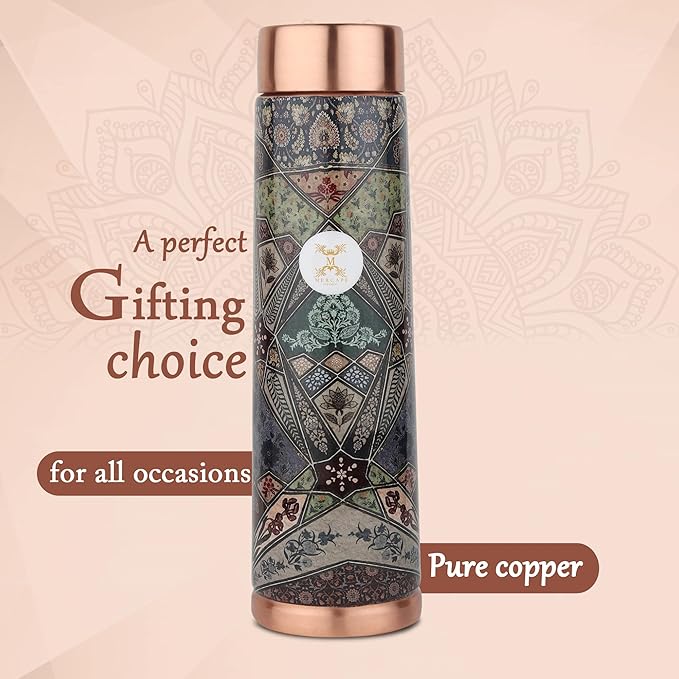 Copper Water Bottle A Handmade Ayurvedic Enameled Print Pure Copper Water Bottle For Drinking - Increase Your Water Consumption, and Experience Immediate Health Benefits (ENAMELED PRINT 12)