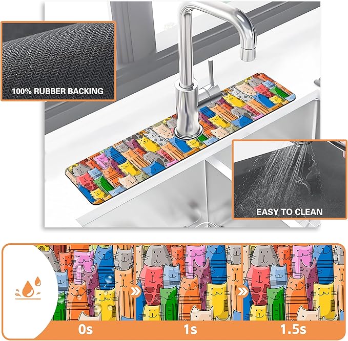 Kitchen Sink Splash Guard Faucet Mat Funny Cats Family Sink Splash Guard Behind Faucet,1 PC Soft Diatom Mud Non-Slip Mat-for Kitchen,Sink Mat,Dish Drying Mat,Bathroom Faucet Mat 23.5"X5.5"