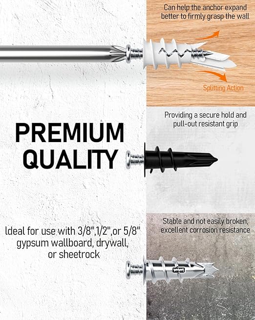 INCLY 200PCS #8 Drywall Anchors Kit Self Drilling, 100 Zinc Metal & Plastic Heavy Duty Dry Wall Anchors and 100 Philips Screws Assortment for Drywall Sheetrock Hanging and Mounting with Case