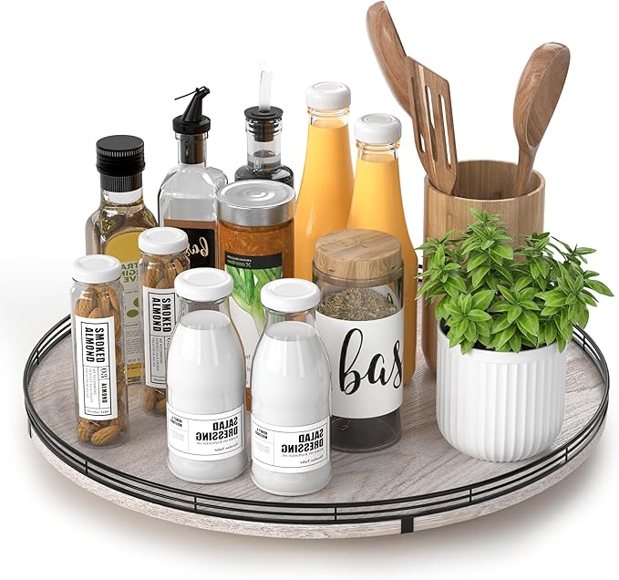 16" Lazy Susan Oak Wood Turntable Organizer for Cabinet, Farmhouse Round Wooden Lazy Susan Organization and Storage for Dining Table, Pantry, Kitchen, Bathroom, Countertop, Cupboard, Kitchen Decor