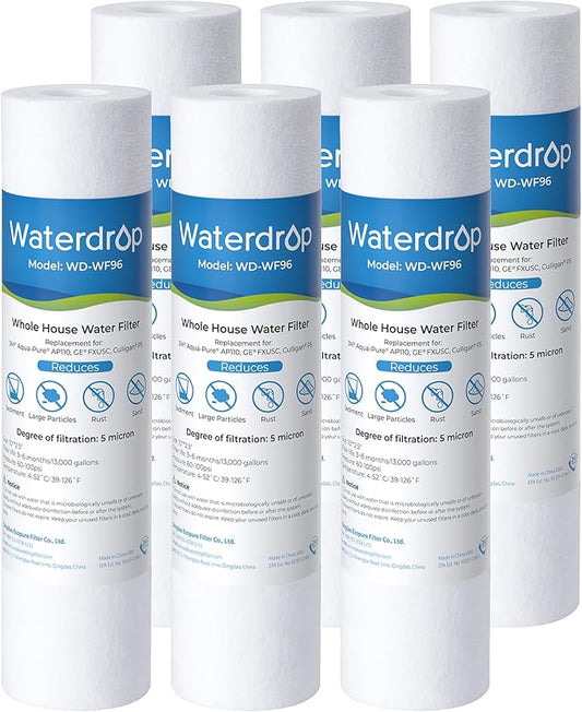 Watedrop 5 Micron Water Filter 10" x 2.5" Whole House Water Filter Replacement Cartridge, Sediment Water Filter Replacement for Any 10 inch RO Unit, Aqua-Pure® AP110, Culligan® P5, WHKF-GD05, 6 Pack