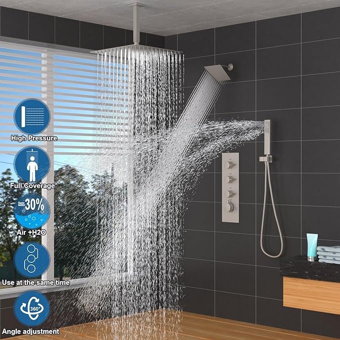 Enga Thermostatic Dual Head Shower System, 16" + 6" Dual Rainfall Shower System (Can All Run Together & Volume Adjustable) Dual Shower Head Combo Set, Brushed Nickel