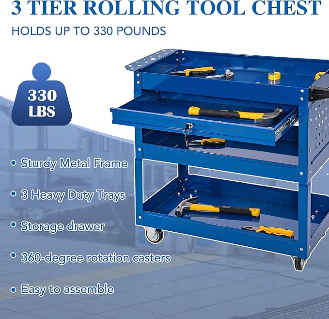 SUN & SUMMER 3-Tier Rolling Tool Cart with Wheels, Rolling Tool Chest 330 LBS Capacity Heavy Duty Utility Industrial Service Cart with Locking System Drawer for Garage, Warehouse, Repair Shop (Blue)