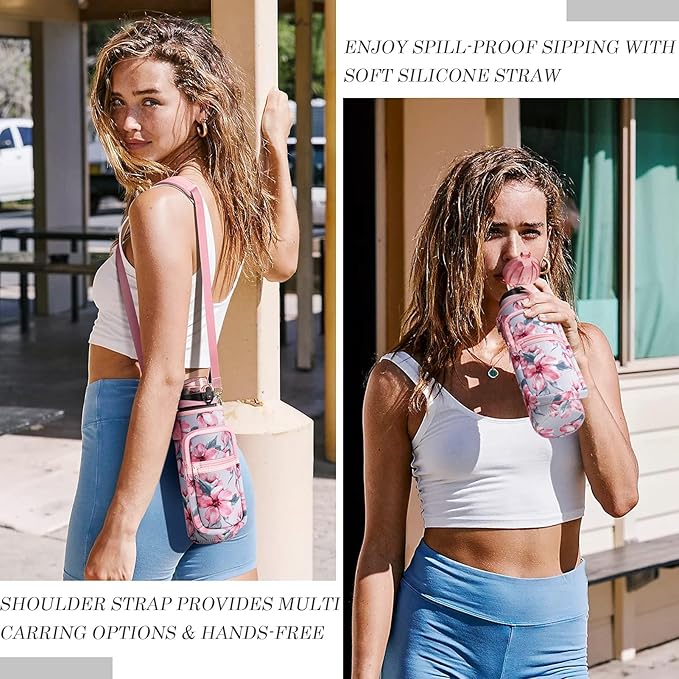 Fimibuke 32 oz Water Bottle with Sleeve - BPA Free Leakproof Sport Large 1L Plastic Motivational Water Bottle with Straw Strap & Insulated Neoprene Holder Carrier Bag Great Xmas Gift for Women Men