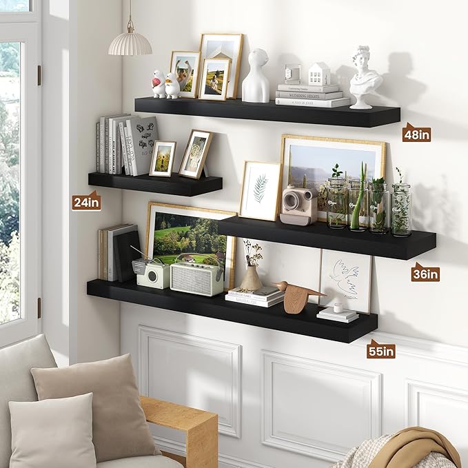 Heimlove 55 Inch Floating Shelves for Wall,10 Deep Large Black Wall Shelf with Heavy Duty Brackets,Wall Mounted Storage & Display Shelves for Bedroom,Living Room,Kitchen,Office