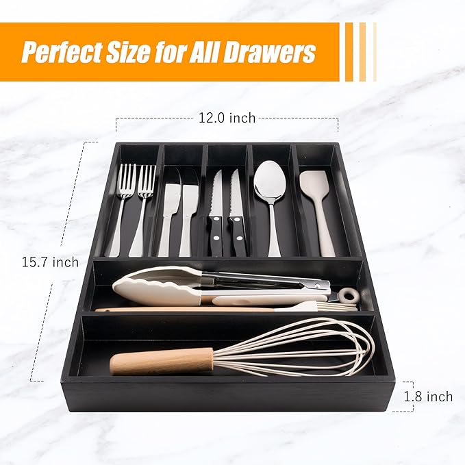 Bellsal Bamboo Silverware Drawer Organizer, Utensil Kitchen Drawer Organizer, Utensil Holder Cutlery Tray with Grooved Drawer Dividers for Kitchen Utensils and Flatware Bedroom Office (7 Slot, Black)