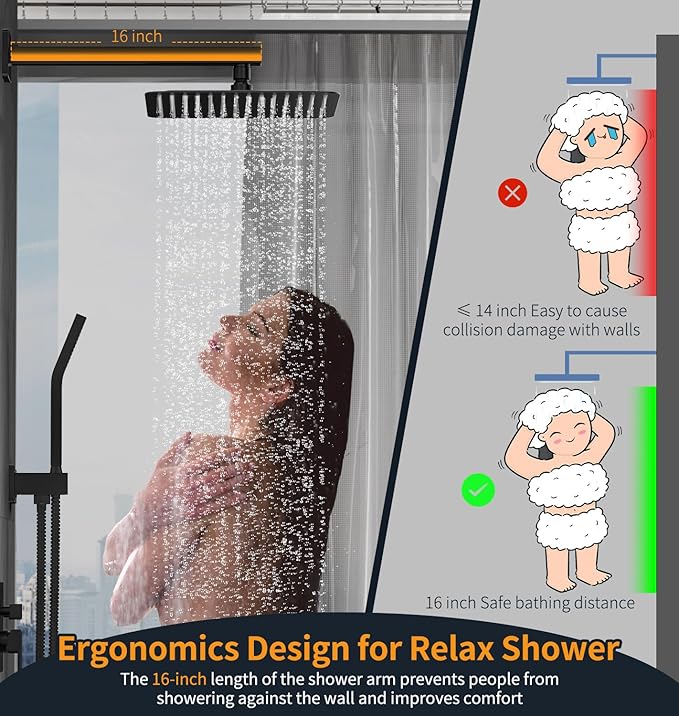 SR SUN RISE 12 Inches Matte Black Shower System 12 Inch Brass Bathroom Luxury Rain Mixer Shower Combo Set Wall Mounted Rainfall Shower Head System Shower Faucet Rough-in Valve Body and Trim Included