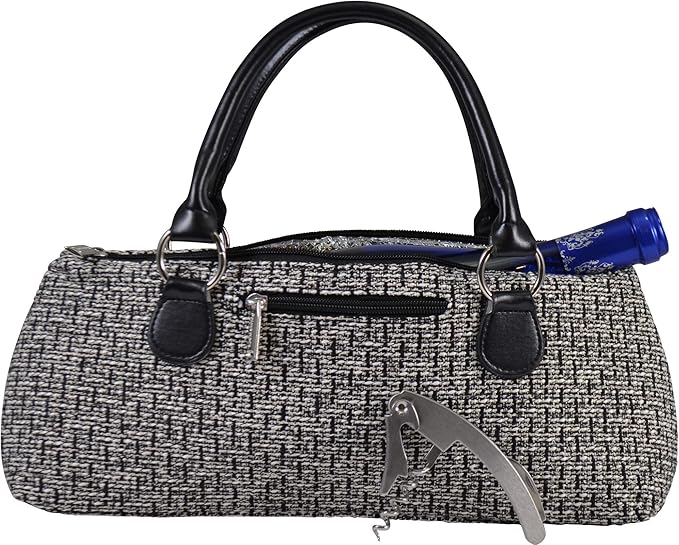 Wine Clutch Bag (Thermal Insulated) Trendy Women’s Carry Tote | Holds Red & White 750mL Bottles | Trendy Fashion | Incl. Portable Waiter-Style Corkscrew (Black Tweed)