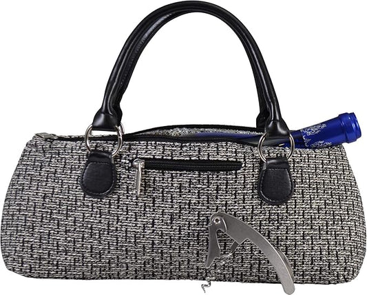 Wine Clutch Bag (Thermal Insulated) Trendy Women’s Carry Tote | Holds Red & White 750mL Bottles | Trendy Fashion | Incl. Portable Waiter-Style Corkscrew (Black Tweed)
