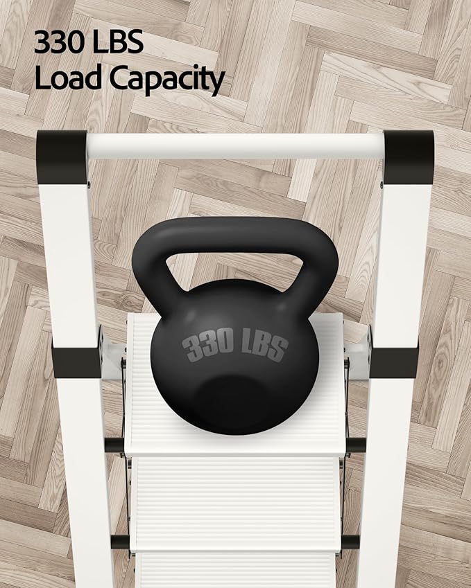 Taranta 3 Step Ladder, Lightweight Aluminum Step Stool with Convenient Handgrip, Folding Ladder with Anti-Slip Pedals, 330lbs Capacity Stepladder for Home, Office, Kitchen - White