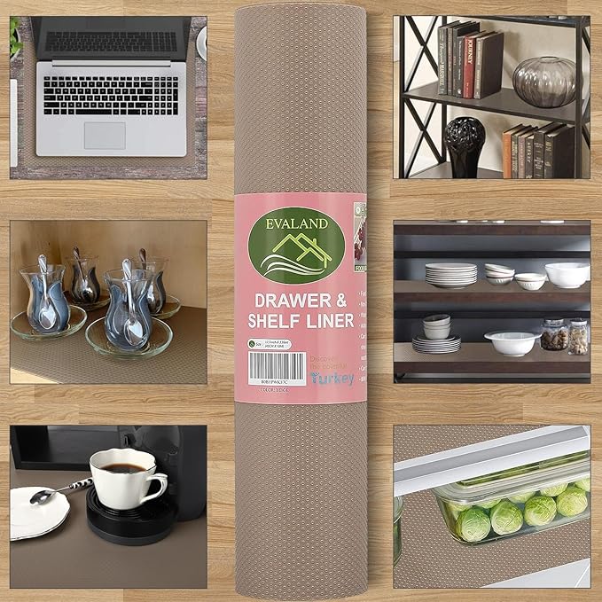EVALAND 17.7 INCHES x 33 FEET (394 Inches) Non-Slip Shelf Liner, EVA Kitchen Liner, Non-Adhesive Liner, Smooth Drawer Liner, Durable Strong Grip Liner, Stain-Proof Shelf, Cabinet Liner, Beige