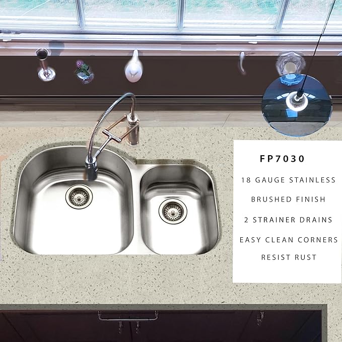 Double Bowl Stainless Steel Sink – Undermount Kitchen Sink, 70/30 Ratio Large & Small Bowl, with Basket Strainer Drains – 18 Gauge Steel, Brushed Finish, Easy Clean Corners FP7030