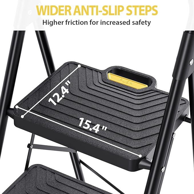 KINGRACK 4 Step Ladder, Sturdy Steel Step Stool with Anti-Slip Wide Pedals, Handrail, Safe-Lock Design, Pass 800lbs Load Testing, Folding Portable Ladder for Multi-Purpose, Home, Kitchen, Black