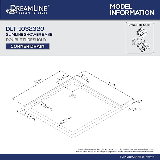 DreamLine SlimLine 32 in. D x 32 in. W x 2 3/4 in. H Corner Drain Double Threshold Shower Base in White, DLT-1032320