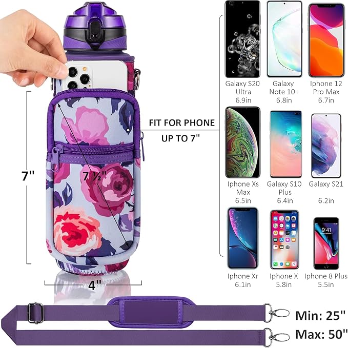 Fimibuke 32 oz Water Bottle with Sleeve - BPA Free Leakproof Sport Large 1L Plastic Motivational Water Bottle with Straw Strap & Insulated Neoprene Holder Carrier Bag Great Xmas Gift for Women Men