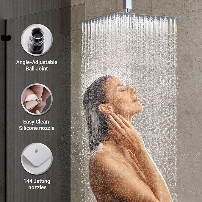 Polished Chrome Shower System with 4 PCS Shower Body Spray Jets & 12’’ Ceiling Shower Head & Handheld Spray, DASAN Full Body Shower Faucet System with Jets Rainfall Shower Combo Set, SA-SS03BCH-S12C