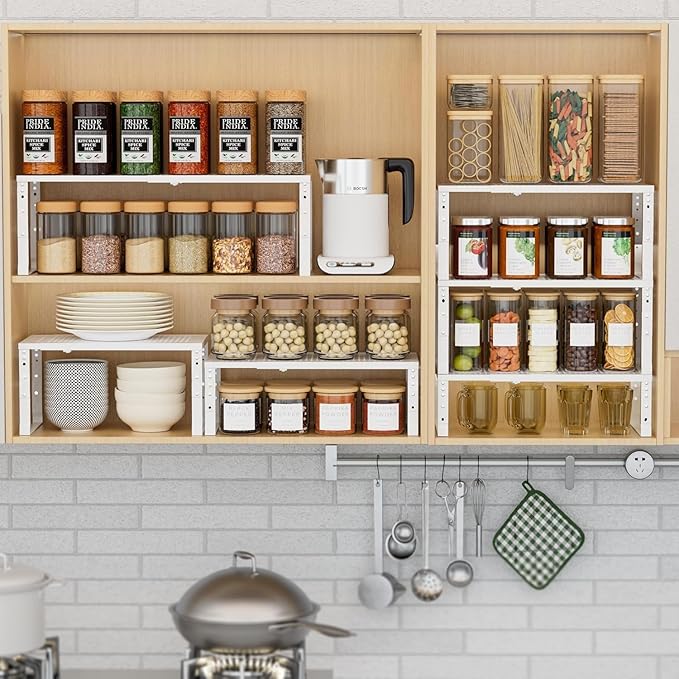 Expandable Spice Rack Kitchen Cabinet Shelf Organizer, Stackable Storage Shelves Racks, Adjustable Counter Shelving for Cabinets, Countertop, Cupboard,Pantry and More(2Packs/White/Large)