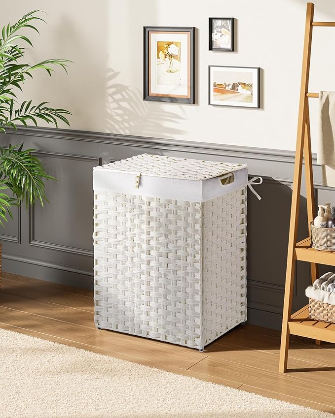 Greenstell Laundry Hamper with 2 Removable Liner Bags，90L Divided Clothes Hamper, Handwoven Synthetic Rattan Foldable Laundry Basket with Lid and Handles White (18.5 x 13.3 x 24.0Inches)