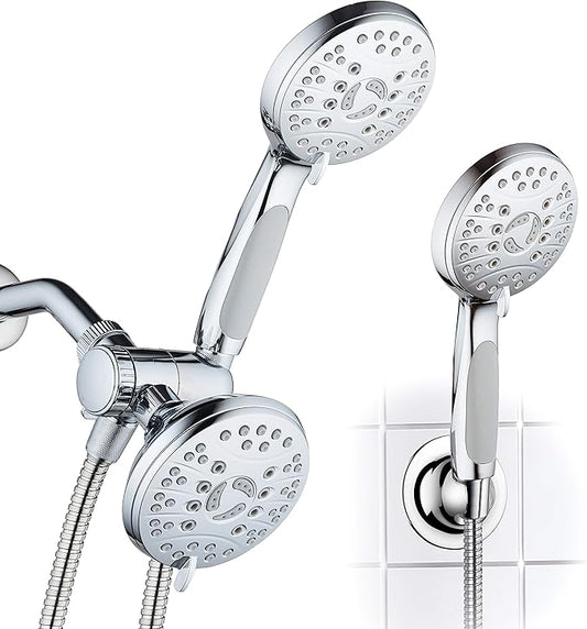AquaSpa High Pressure 48-mode Luxury 3-way Combo – Dual Rain & Handheld Shower Head – Extra Long 6 Foot Stainless Steel Hose – Anti Slip Grip – All Chrome Finish – Extra Wall Bracket