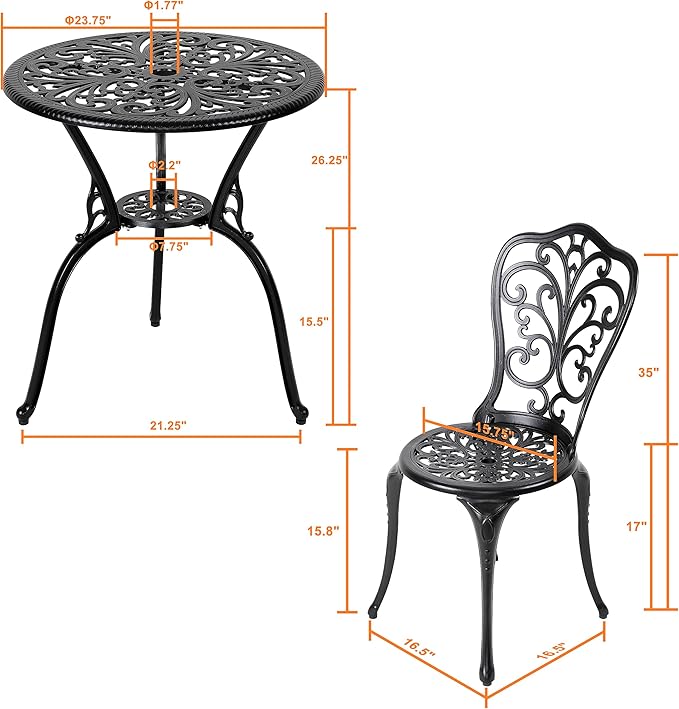 NUU GARDEN 3 Piece Bistro Set Outdoor, All Weather Cast Aluminum Patio Bistro Sets Patio Table and Chairs Set of 2 with Umbrella Hole for Yard, Balcony, Black, Butterfly Backrest
