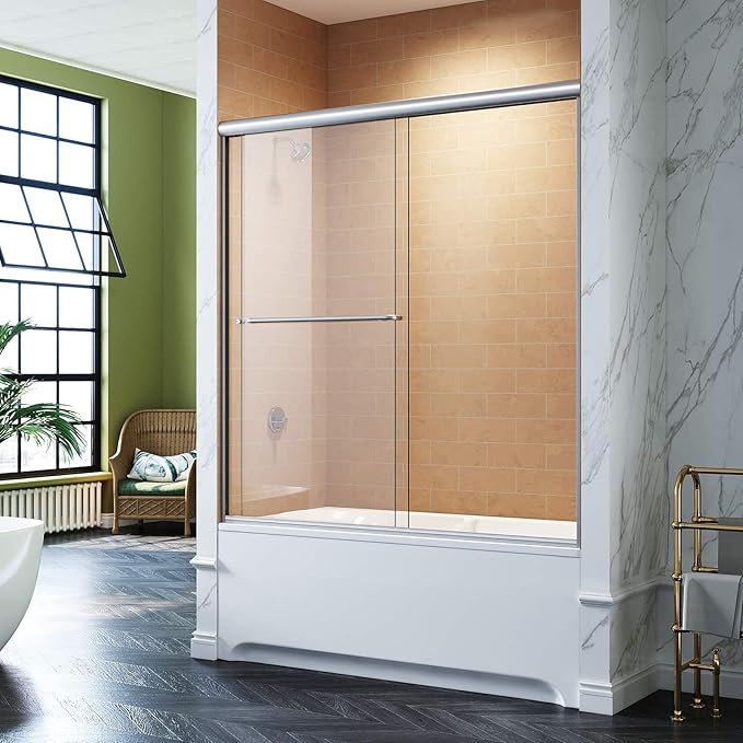 SUNNY SHOWER Bathtub Shower Door 60" W x 62" H Semi-Frameless Double Sliding Design Glass Shower Tub Door, Brushed Nickel Finish