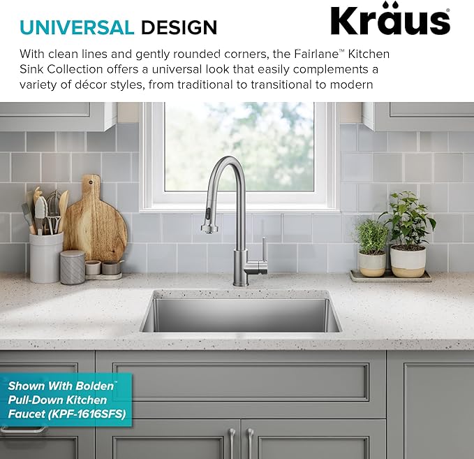 KRAUS Fairlane 25-inch Undermount Single Bowl 18-Gauge Stainless Steel Kitchen Sink, KHU641-25