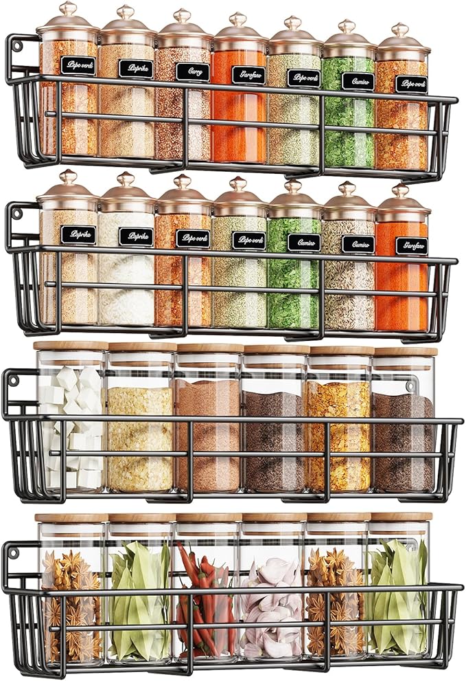 Spice Rack Organizer Wall Mount, Hanging Spice Pantry Storage Shelf Organization, 4 Pack Space Saving Seasoning Organizer for Kitchen Cabinet, Door or Bathroom, Black