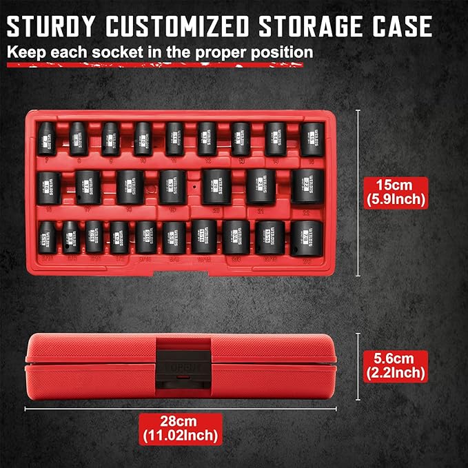 26 PCS 3/8" Drive SAE and Metric Impact Socket Set, SAE 5/16” to 7/8", Metric 7mm to 22mm, Premium Cr-V Steel, 6-Point Hex Designt,Cr-V Steel