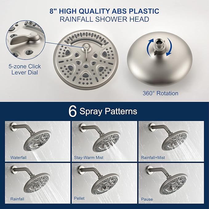 SHAMANDA Luxury Tub Shower Faucet Set with Round-in Valve, Wall Mounted Shower System with Waterfall Tub Spout and 6-Setting Rain Shower Head with 9-Setting Handheld, Brushed Nickel, L8083-2