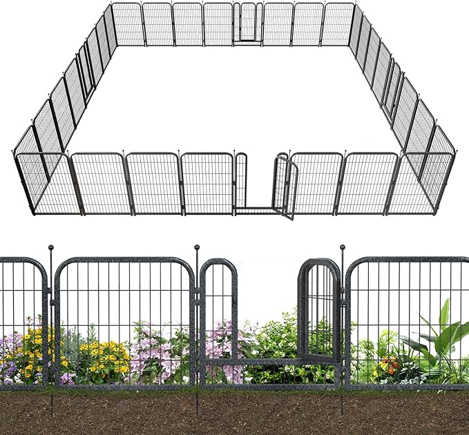 Metal Garden Fence with 28 Panels 4 Gates Outdoor Dog Fence 72ft (L)×45in (H) Decorative Pet & Animal Barrier, Garden and Yard Fencing，Black-Silver