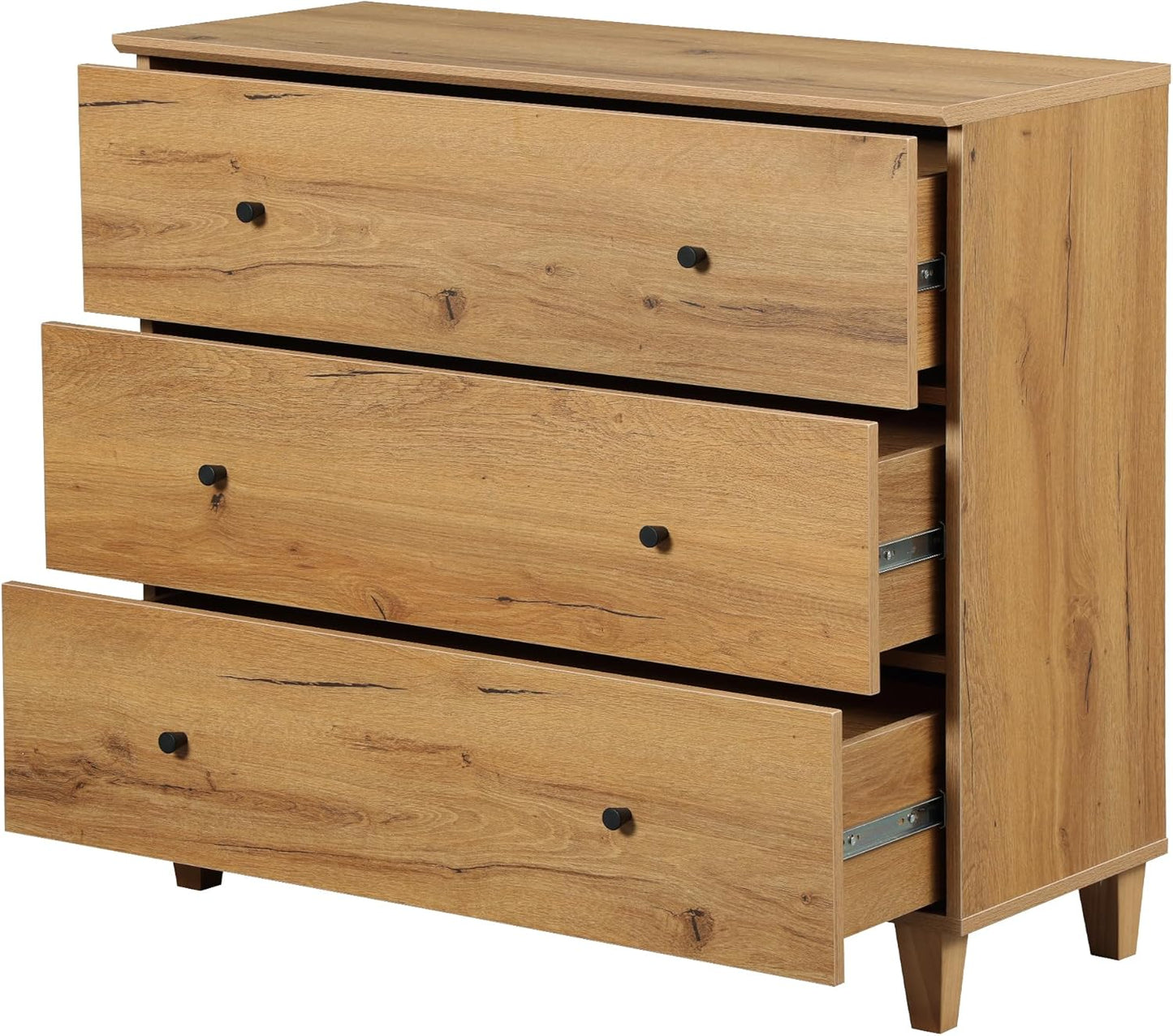 WAMPAT Bedroom Dresser with 3 Drawers, 35.4" Wide Wood Kids Dressers, Chest of Drawers, Modern Closet Organizer Bachelors Chest w/Solid Wood Legs for Living Room, Baby Room, Nursery, Oak Brown