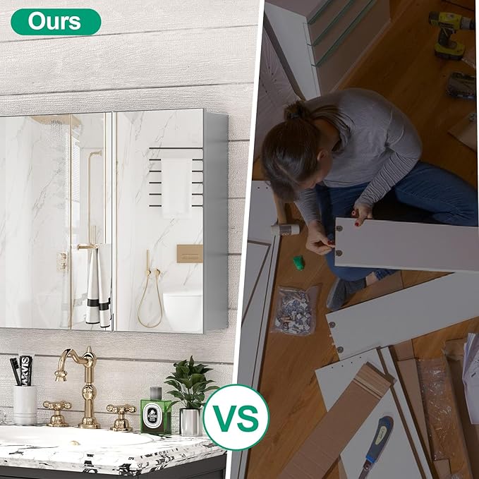 32 x 24 Farmhouse Medicine Cabinet, Tempered Frameless Bathroom Mirror with Storage, Silver Recessed or Surface Mount Aluminum Medicine Cabinet for Bathroom Modern