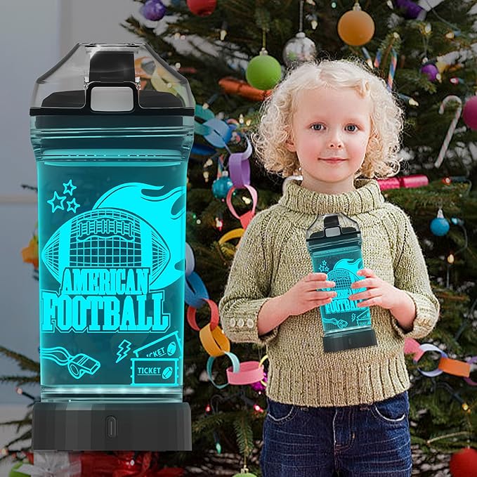 Kids Sports Water Bottles, Football 3D Glowing Drink Bottle with Led Light -Tritan BPA Free & Easy Clean & Carry Handle, 14oz, Football Gifts for Birthday, Christmas