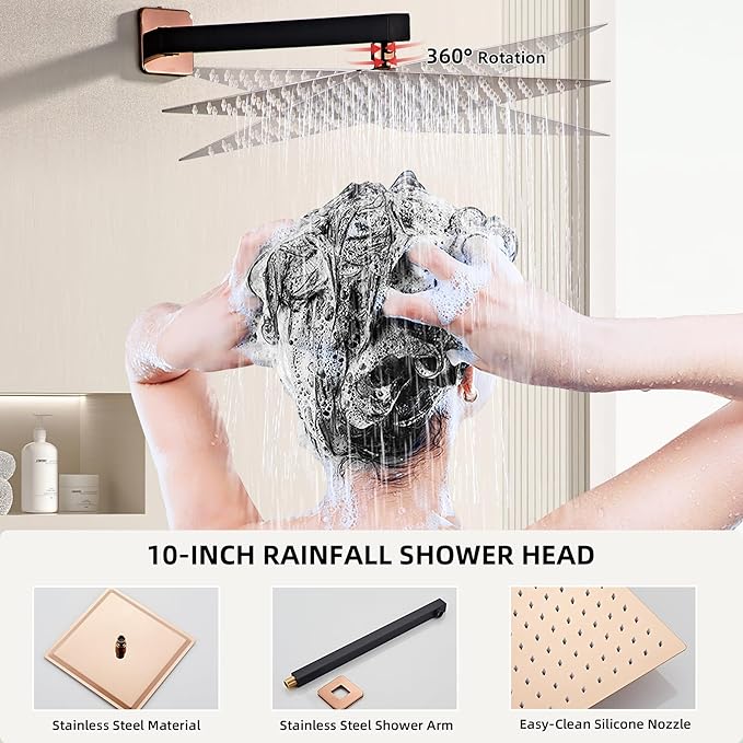 Shower Faucet Set Complete with Tub Spout Matte Black and Rose Gold Shower System with 10 inch Rainfall Shower Head and Handheld Shower Rain Shower Combo for Bathroom Wall Mounted