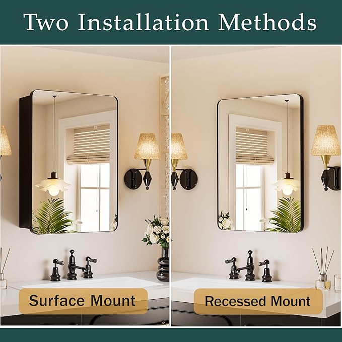 Black Medicine Cabinet with Mirror for Bathroom:20x26 Inch Small Mirrored Vanity Storage with Adjustable Shelves-Surface or Recessed Wall Mount-Matte Black Frame